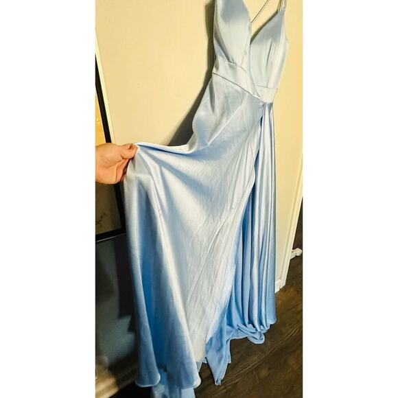 Ieena Mac Duggal Satin Strappy- Back High Slit Powder Blue Lace Up Back Gown 8 - Picture 6 of 14
